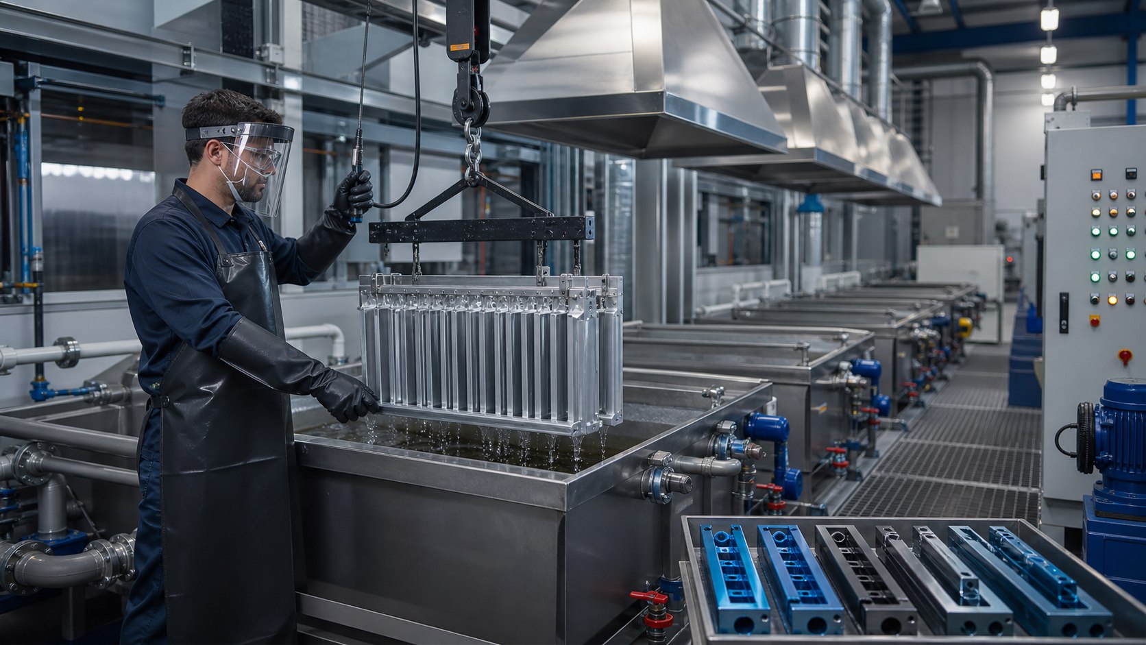 Lini produksi anodizing profesional dengan tangki proses, sistem kontrol, dan operator ber-APD